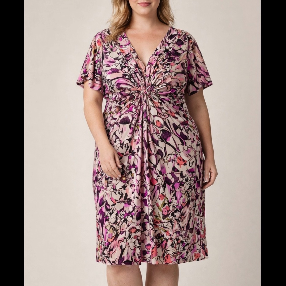 Daisy Fuentes Women’s XL Purple Floral Print Knot Front Stretch Dress Flattening